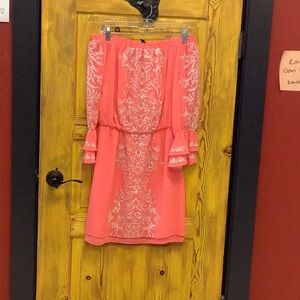 White House Black Market Pink and White Long Sleeve Dress